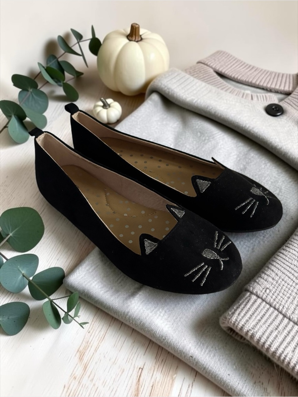 Cat & Jack Big Girls Size 4 Black Cat Face Flats EUC